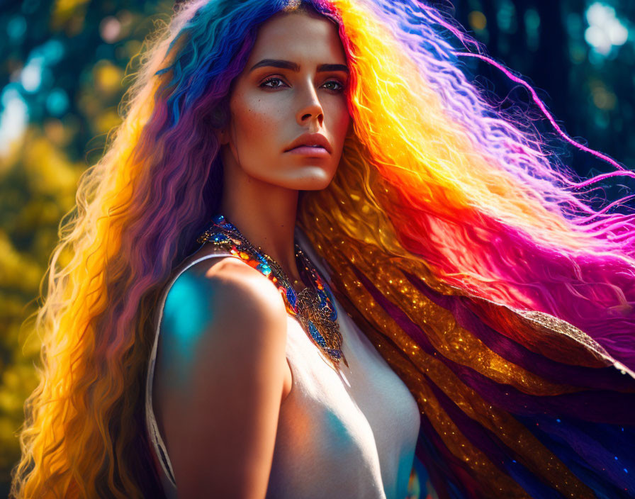 Colorful woman with rainbow hair in natural setting