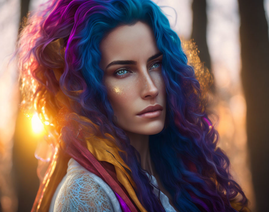 Woman with Blue and Purple Hair in Sunlit Forest Scene