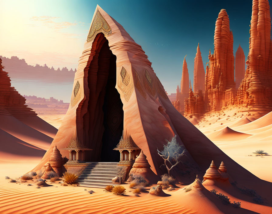 Majestic desert landscape with towering sandstone formations and ethereal architecture