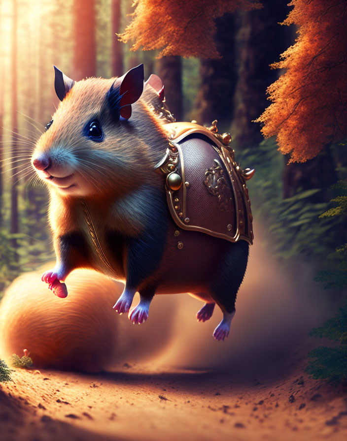 Illustrated hamster in knight's helmet on seed in enchanted forest.