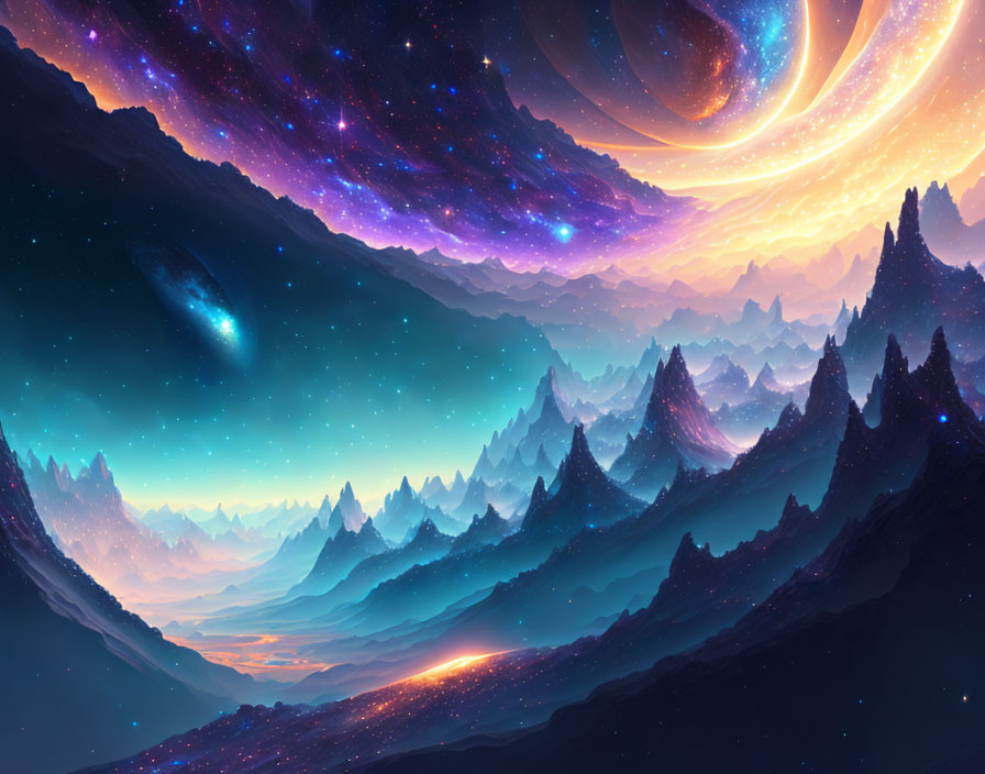 Colorful Alien Landscape with Sharp Mountains and Celestial Sky