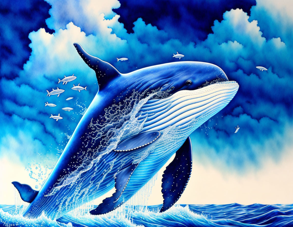 Blue whale leaping from ocean with birds in sky