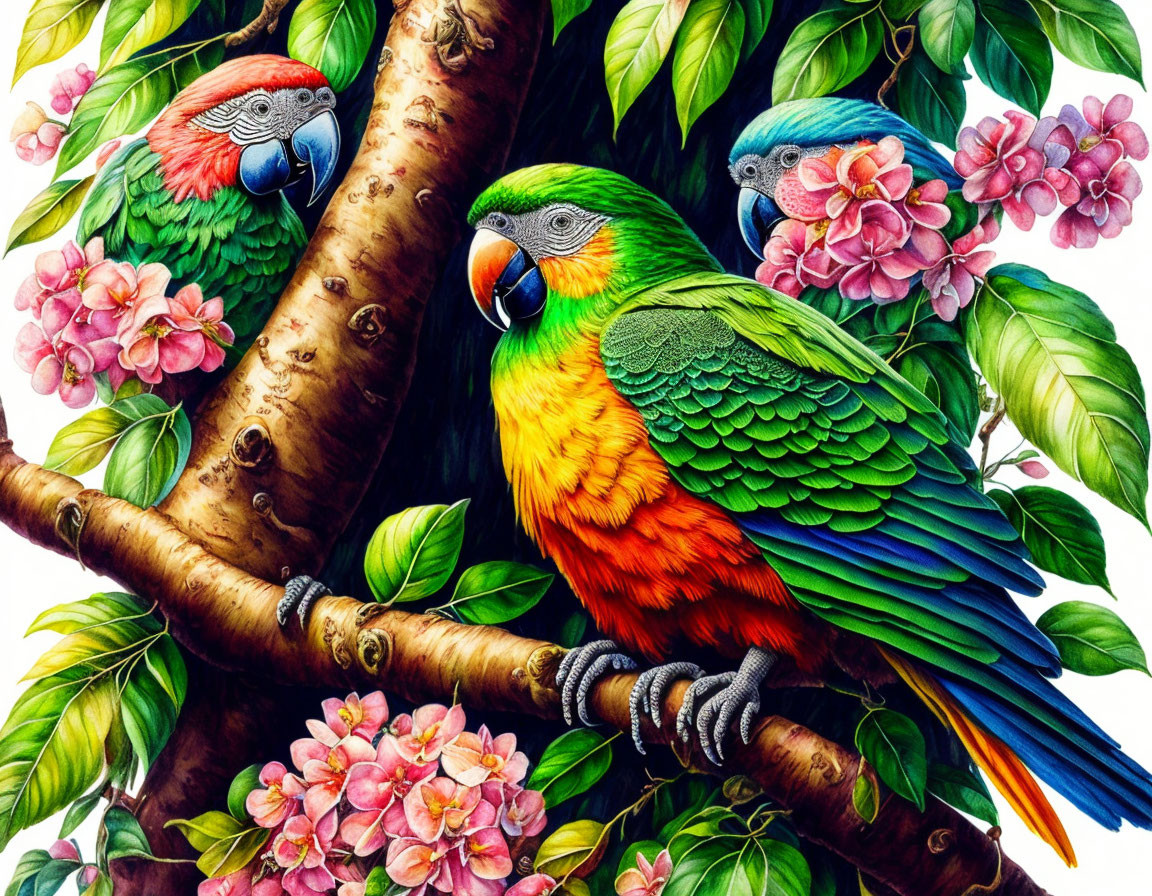 Colorful Parrots Perched on Tree with Pink Flowers on White Background