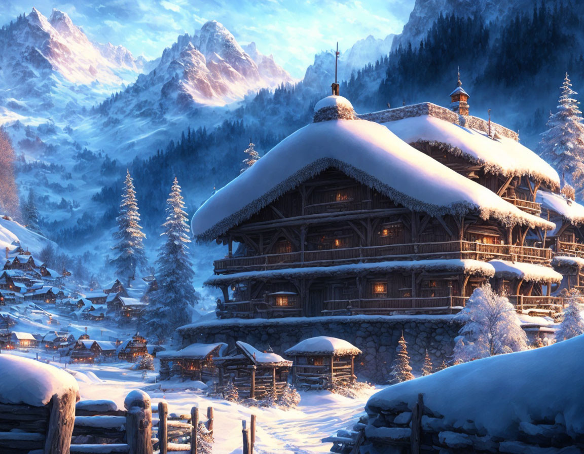 Snow-covered chalet in tranquil mountain village at dusk