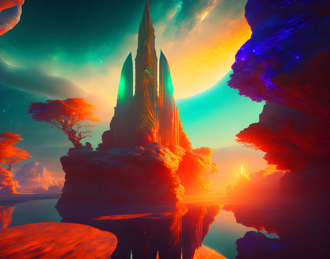 Alien landscape with spire structure at twilight