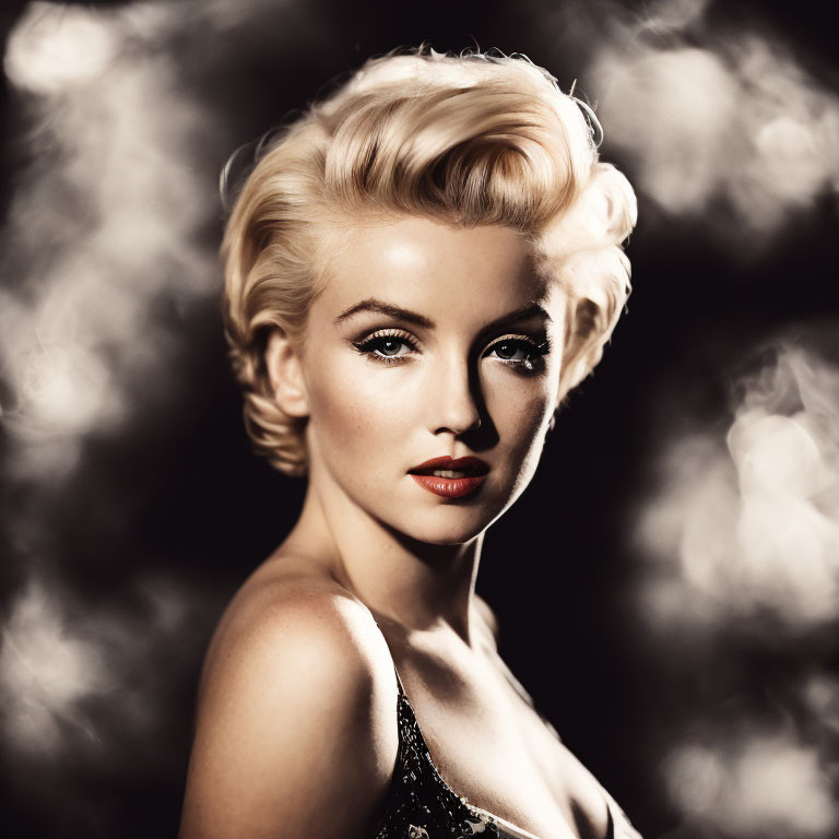 Monochrome vintage portrait of woman with pin-up hairstyle and sequined dress