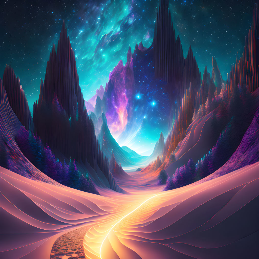 Surreal landscape with glowing pathways and starry sky