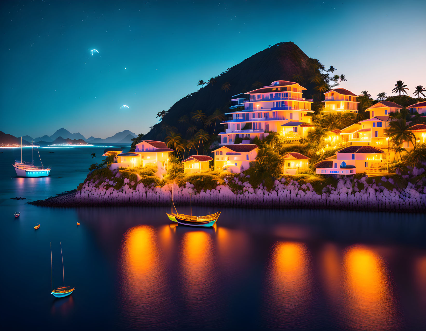 Scenic tropical coastal town at twilight with illuminated villas, boats, and starlit mountain backdrop