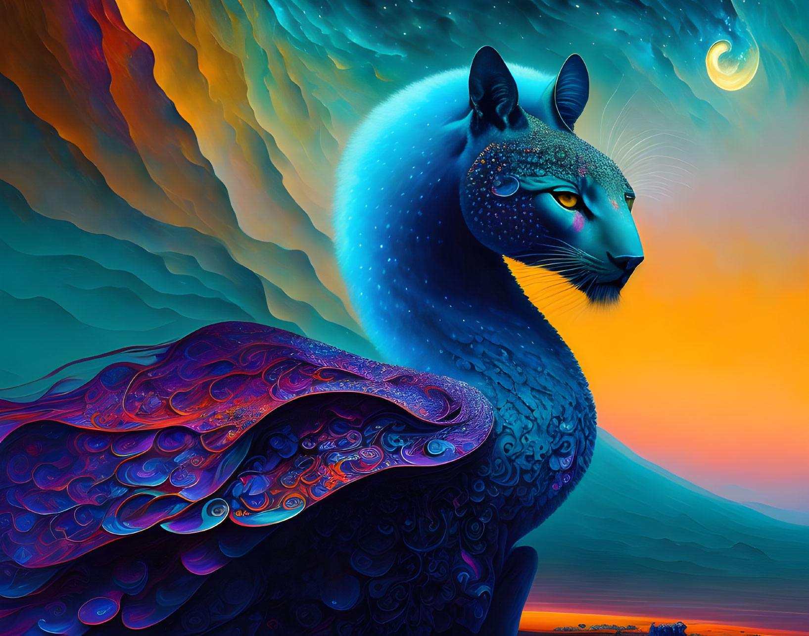 Majestic blue cat with intricate designs on colorful backdrop