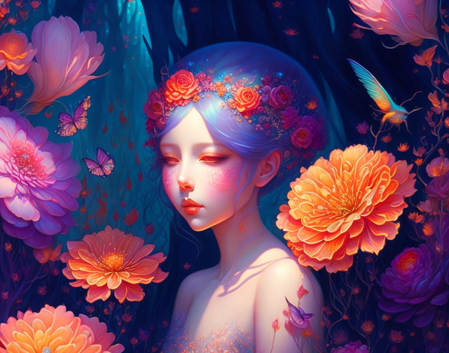 Fantastical illustration of woman with blue hair in vibrant floral scene