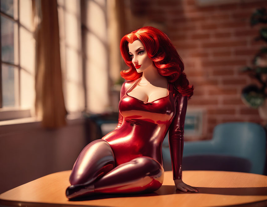 Red-haired woman figurine in shiny dress under warm sunlight.