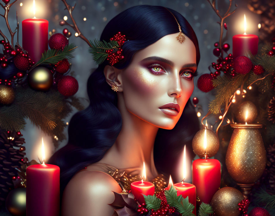 Woman with Striking Makeup Among Red Candles, Pine Cones, and Holly Berries