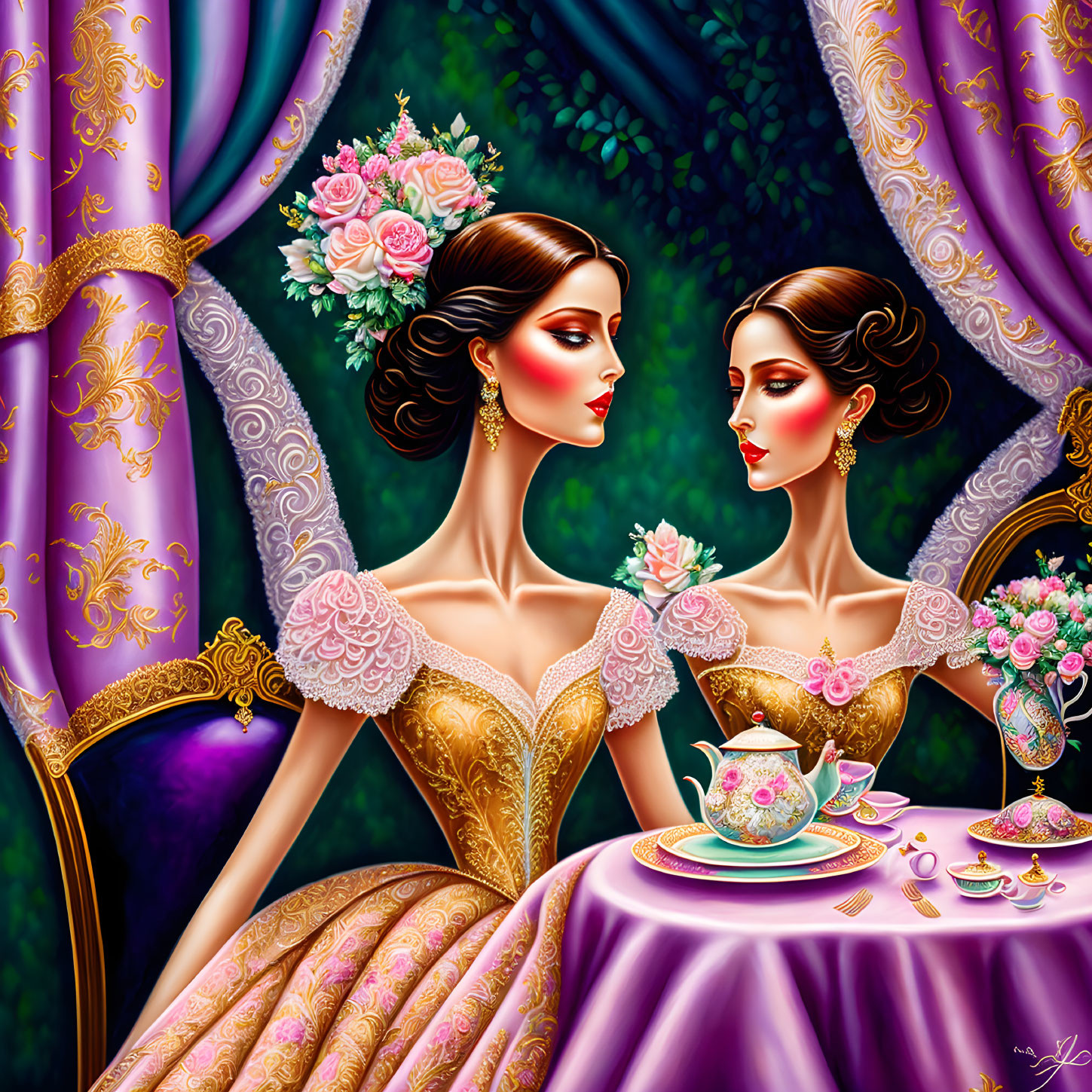 Opulent golden gown woman reflected in mirror with roses, sipping tea.