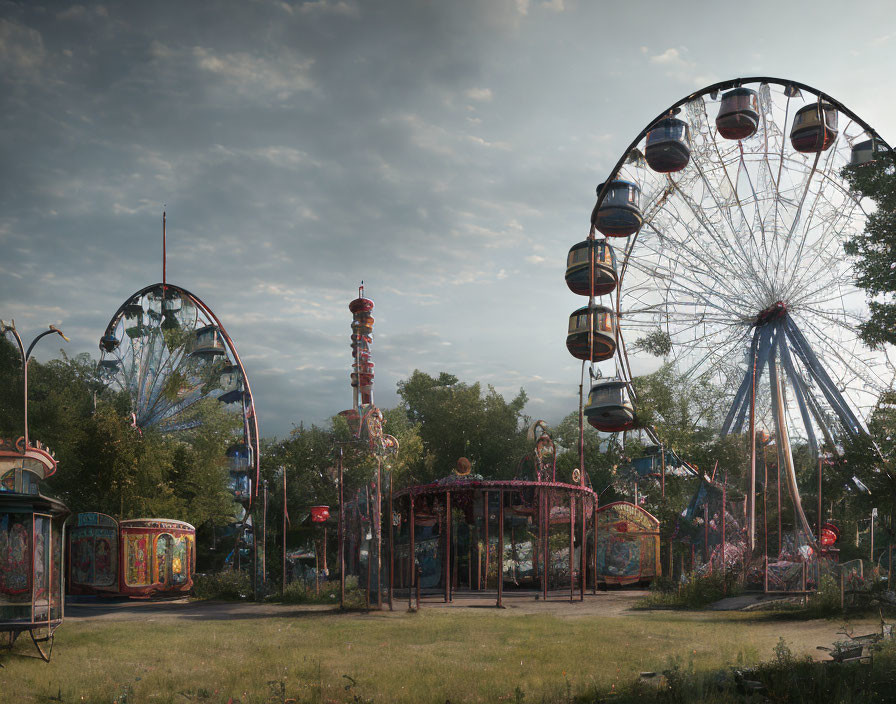 Desolate amusement park reclaimed by nature under cloudy sky