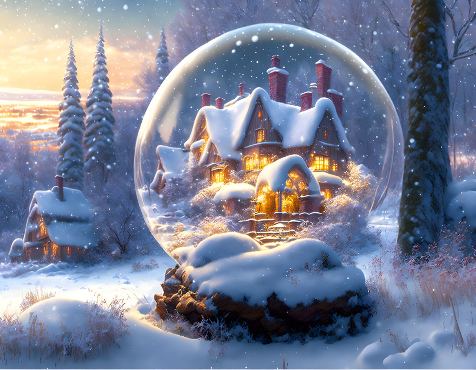 Snow Globe Featuring Cozy Cottage in Winter Scene