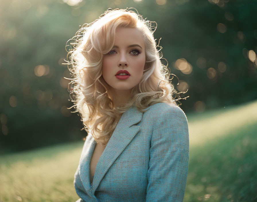 Blonde woman with red lipstick in blue blazer under soft sunlight