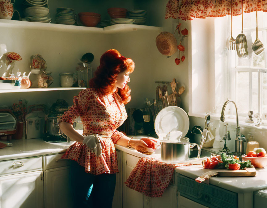 Red-haired woman in vintage dress washing dishes in sunlit retro kitchen