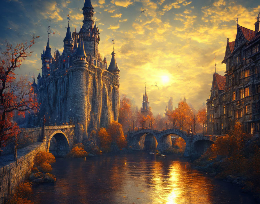 Fantasy castle with spires on cliff, stone bridge, autumn trees, sunset sky