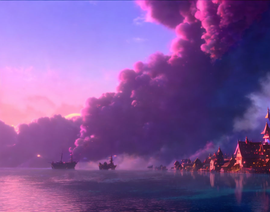 Animated dusk scene: pink and purple clouds over tranquil sea with ships and castle-like village.