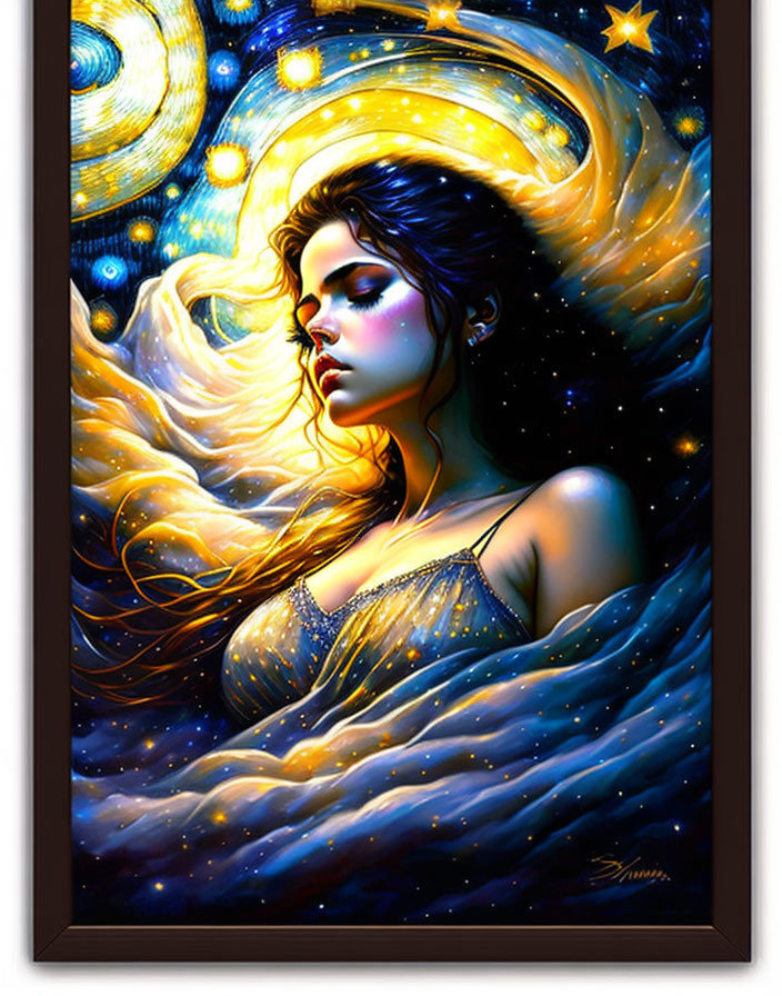 Fantasy illustration of woman merging with starry night sky.