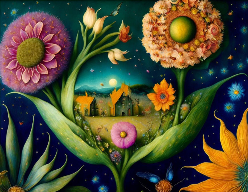 Colorful painting of fantastical landscape with oversized flowers and village under starry sky