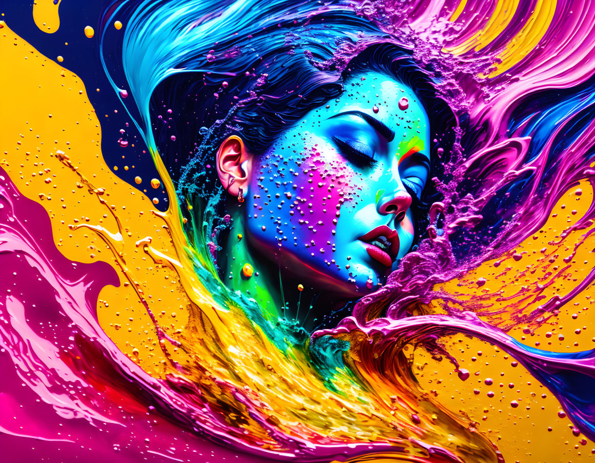 Vibrant paint splashes blend with serene woman's face