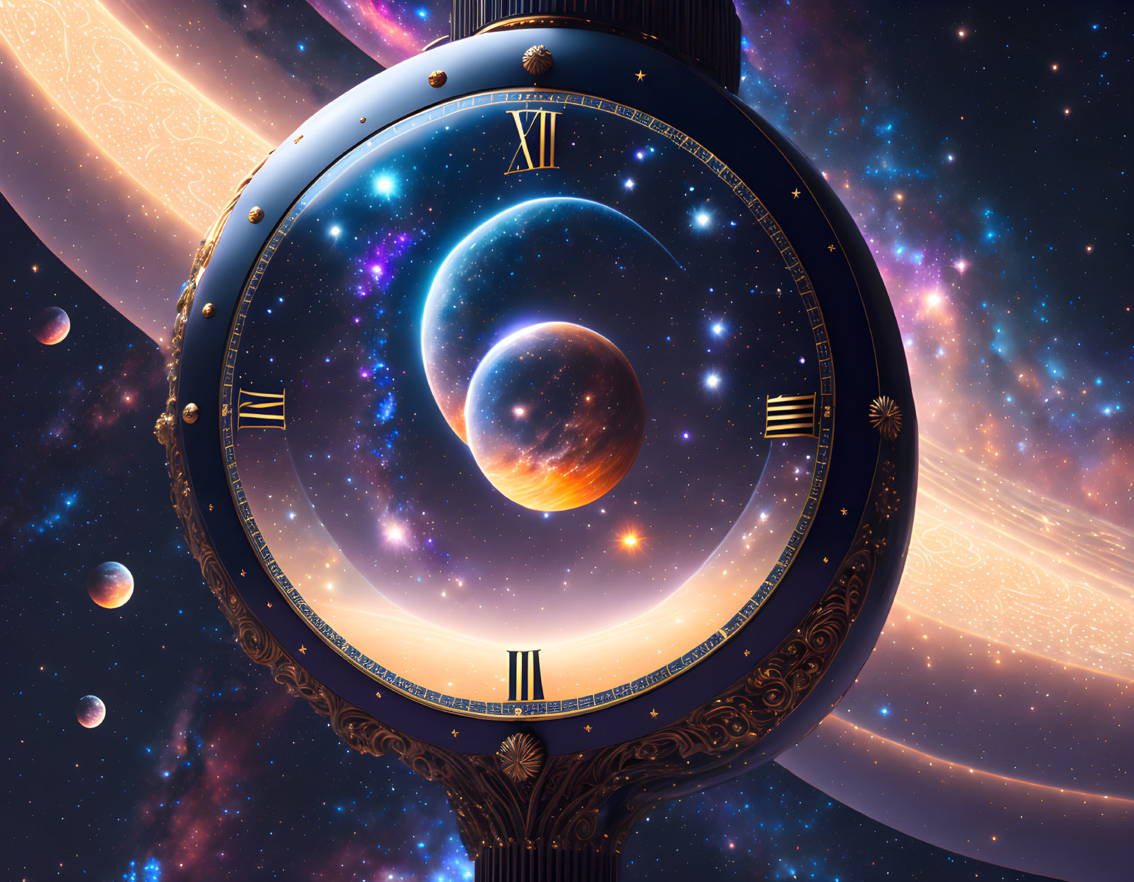 Ornate clock face frames vibrant galaxy with planets and stars