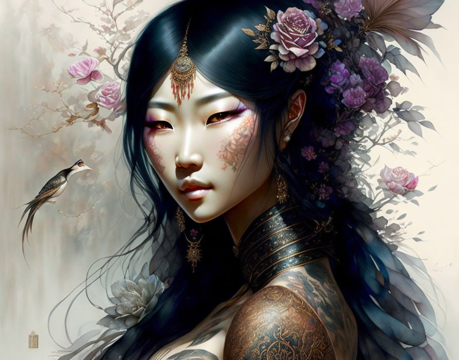 Fantasy-themed illustration of a woman with tattoos, jewelry, bird, and floral elements