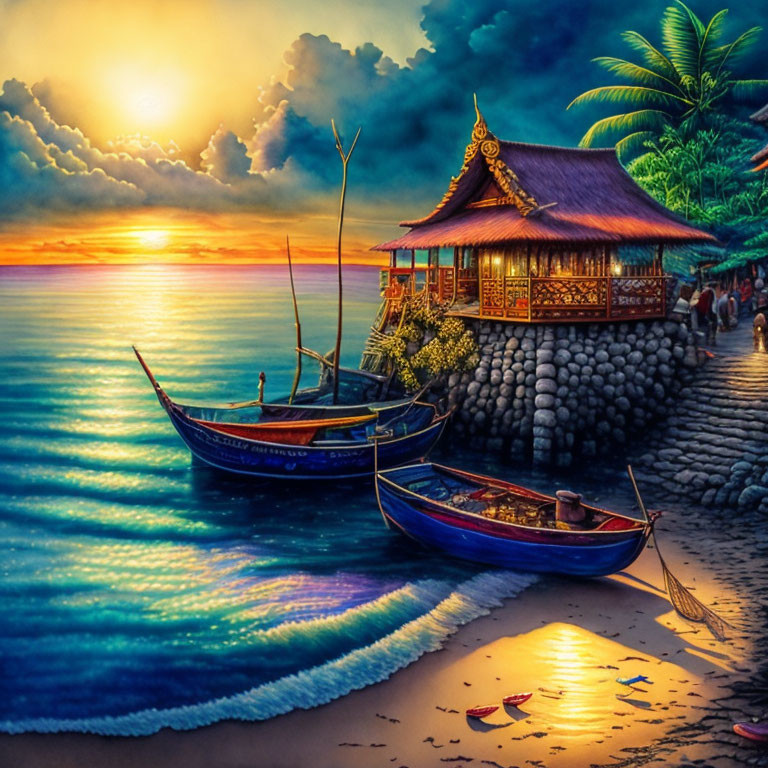 Scenic seaside sunset with traditional boats, stone path, lantern-lit house, palm trees, and