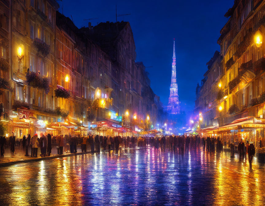 Vibrant evening street scene with glowing lights and wet pavement