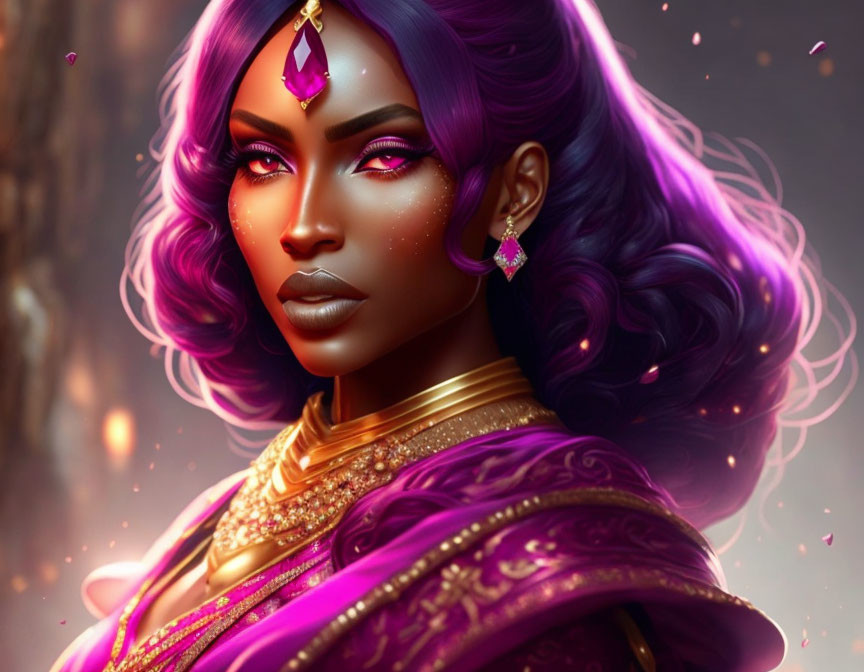 Illustration of woman with purple hair and glowing skin in gold jewelry and rich purple attire