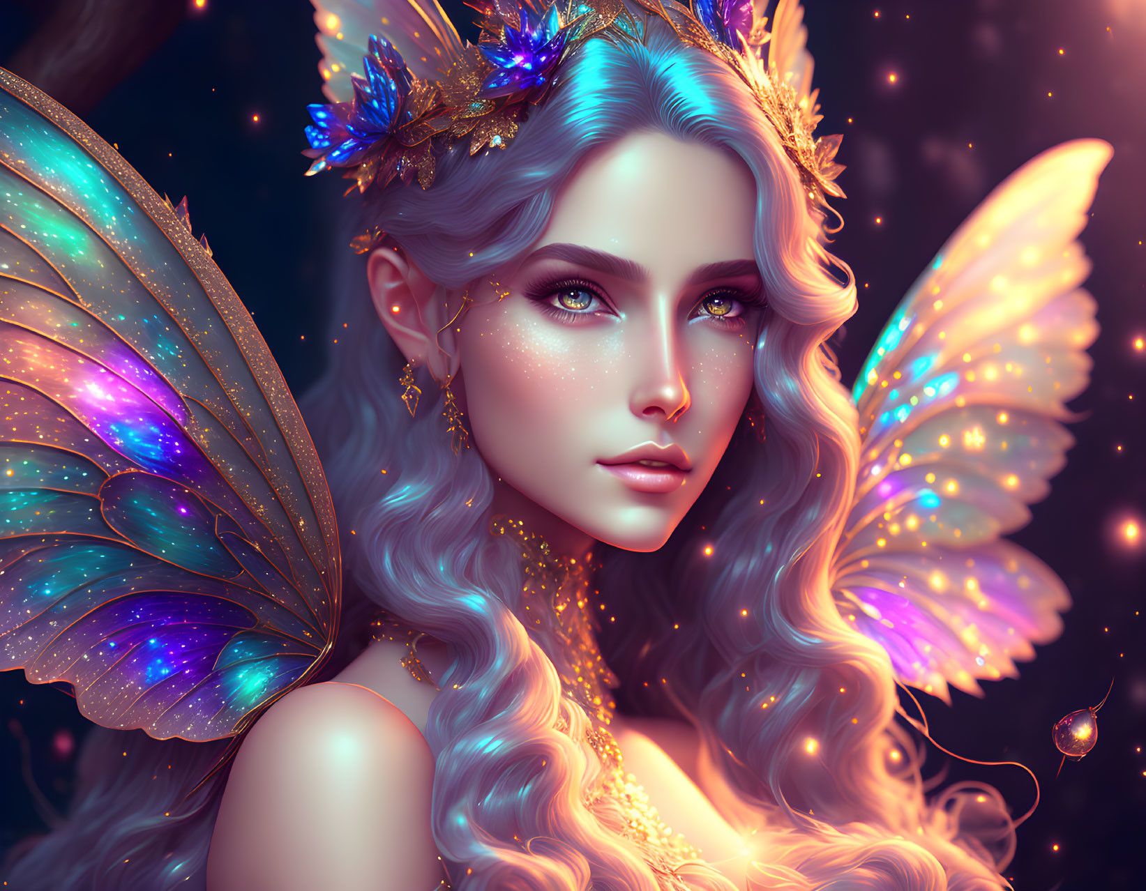 Illustration of female figure with butterfly wings, floral crown, and blue hair on starry background