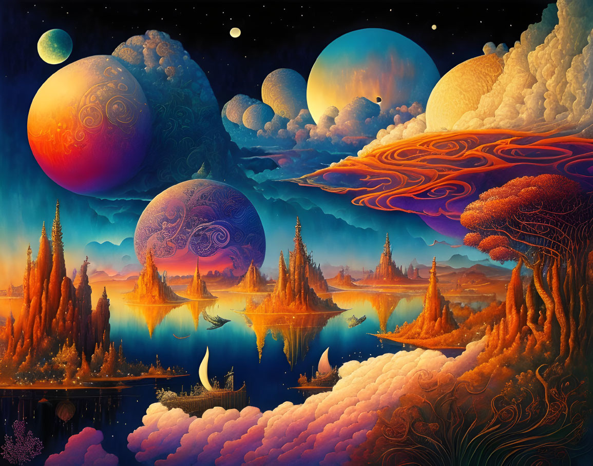 Majestic planets, serene lake, boats, and fantastical trees in cosmic landscape