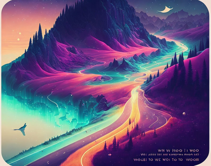 Surreal landscape: luminous rivers, purple mountains, starry sky