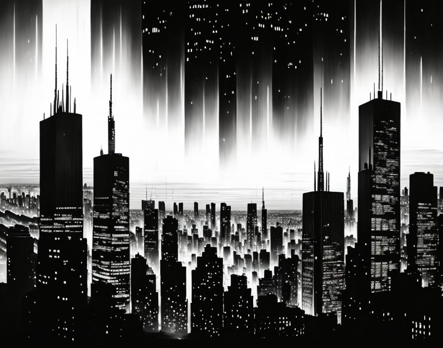 Urban skyline with skyscrapers and rain-like light streaks in monochrome style