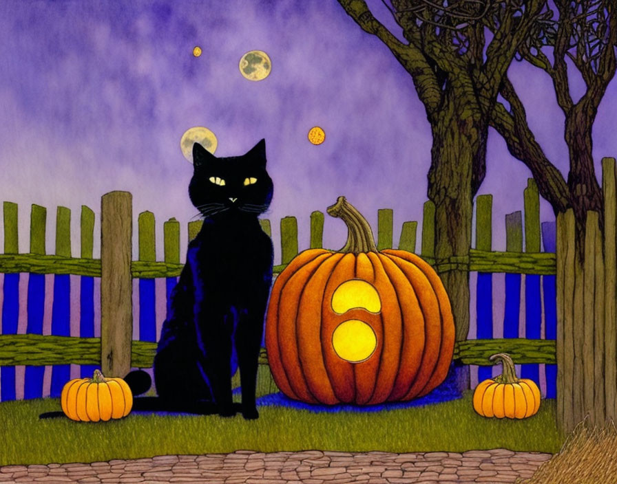 Black Cat with Carved Pumpkin under Crescent Moon and Stars