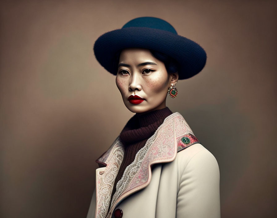 Woman in Red Lipstick and Stylish Blue Hat Poses in Elegant Outfit