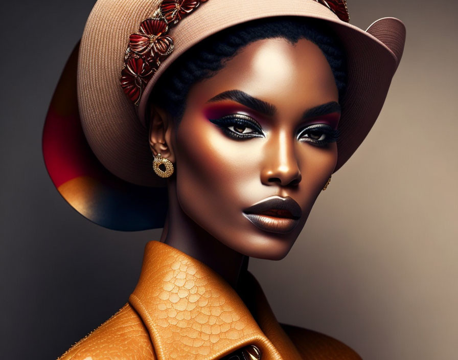 Stylish woman with striking makeup and leather attire gazes confidently