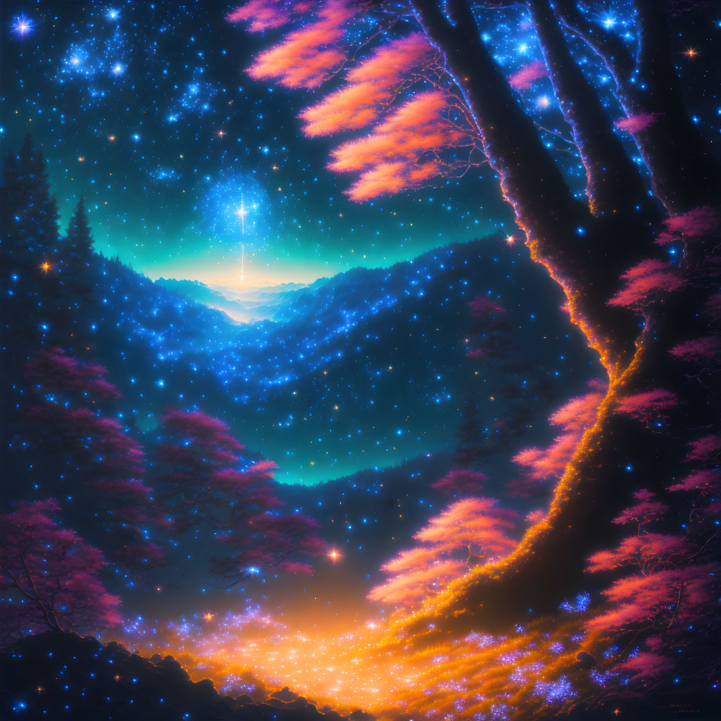 Mystical forest digital artwork with pink foliage under starry sky