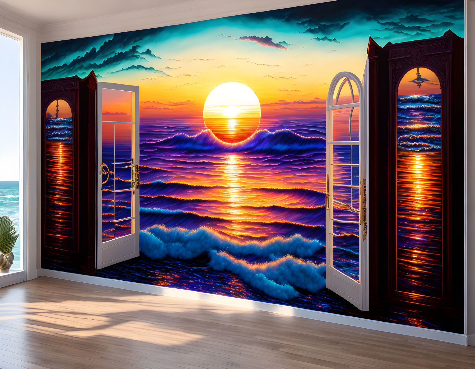 French doors opening to vibrant ocean sunset view painted on wall