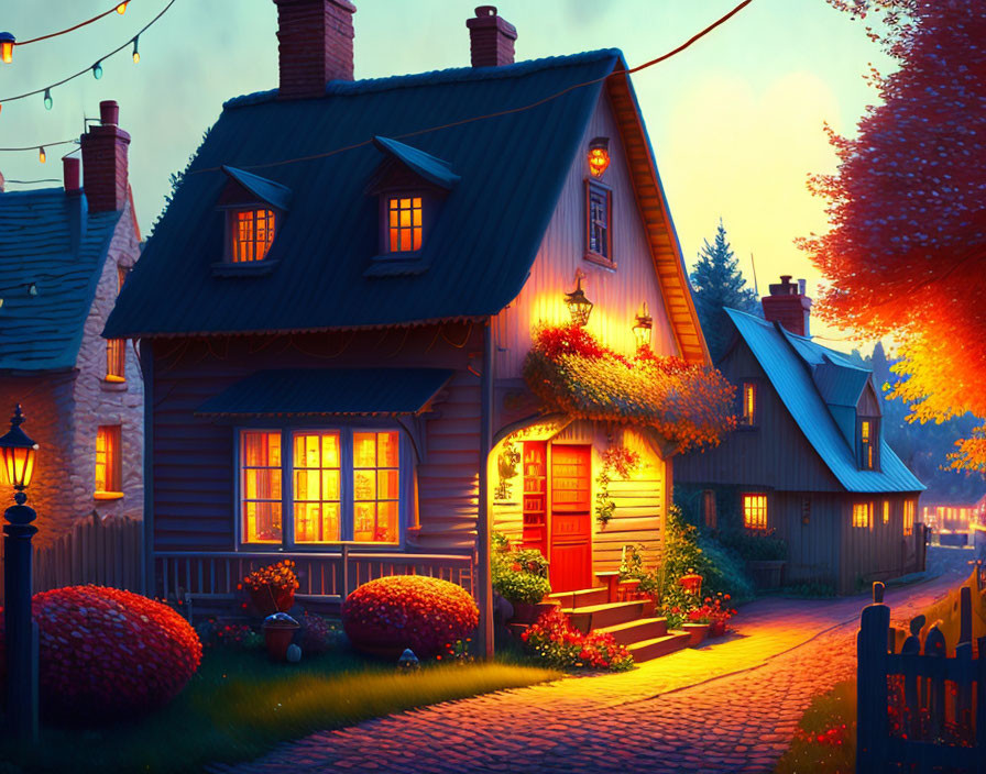 Charming twilight scene of cottage with glowing windows surrounded by lush foliage