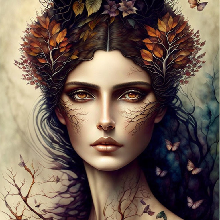 Portrait of woman with autumnal leaves, tree branch patterns, and mystical gaze