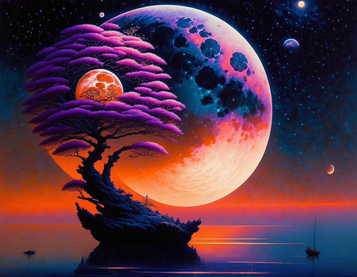 Purple tree on cliff under moon with starry sky & calm sea boats