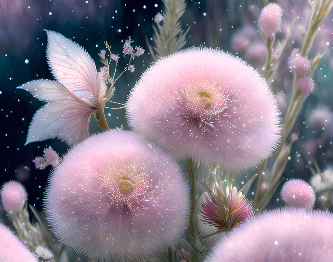 Soft pink flowers and white butterfly in dreamy blue setting