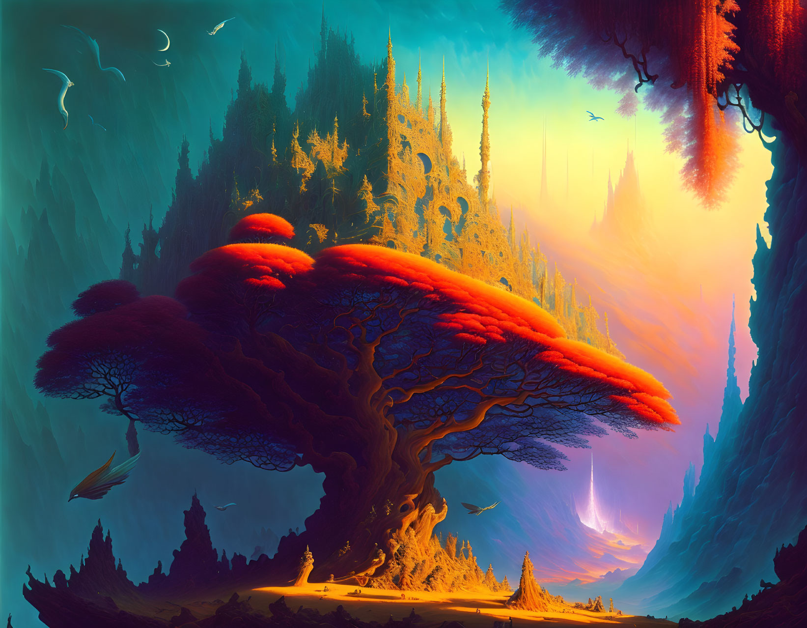 Fantasy landscape with towering trees, red-leafed tree, flying birds, and mystical light.