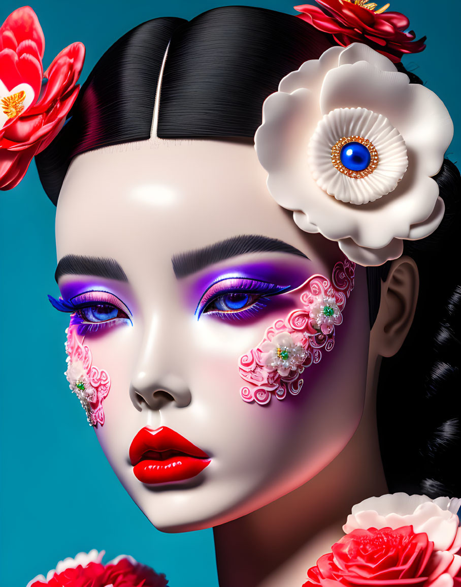 Vibrant female digital portrait with purple eyeshadow and floral elements