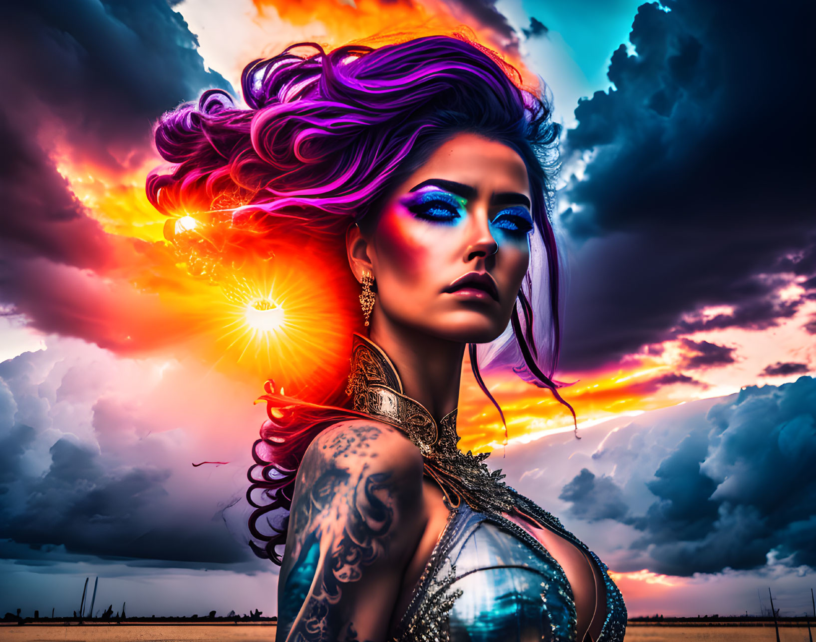 Vibrant purple hair woman against dramatic sunset sky