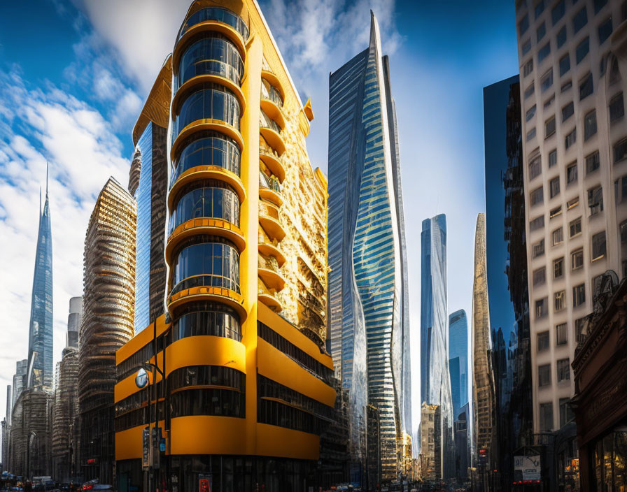 Modern cityscape with varied skyscraper designs under a sunny sky