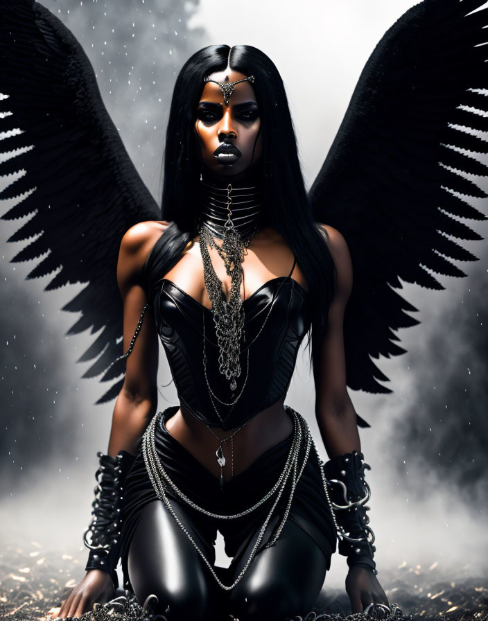 Dark angel wings woman in gothic attire with chains and headpiece