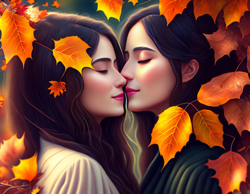 Affectionate pose of two women in vibrant autumn leaves